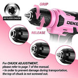 DEKO 8V Cordless Drill, Drill Set with 3/8"Keyless Chuck, 42pcs Acessories, Built-in LED, Type-C Charge Cable, Pink Power Drill for Drilling and DEKOPRO