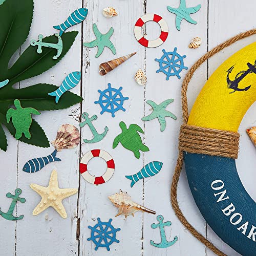 Coastal Cruise Ship Miniature Beach Themed Craft Wood Cutout Starfish, Sea Turtle, Sea Ring, Captain Wheel and Fish Small Wood Nautical Marine Jetec