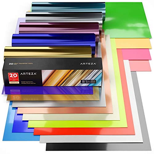 Arteza Neon & Metallic Heat Transfer Vinyl Sheets, Set of 20, Iron On Vinyl Bundle, 12x20 Inches, Flexible & Easy to Weed, Use with Any Craft Cutting ARTEZA