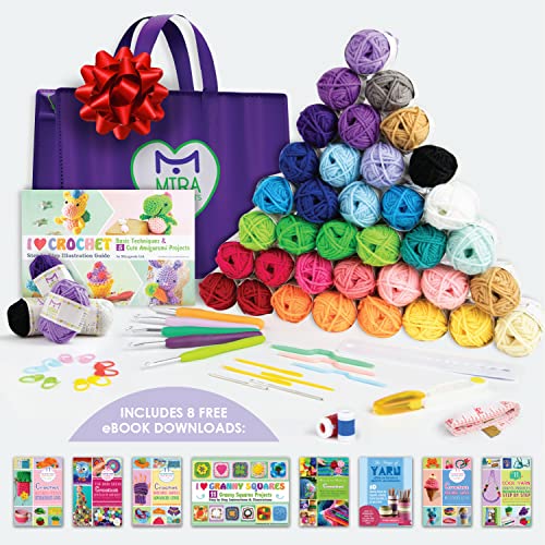 Premium Crochet Yarn Kit | 40 Colorful Acrylic Yarns (875 Yards), All Crocheting and Knitting Supplies for Yarn Crafts, and Books for Design Mira HandCrafts