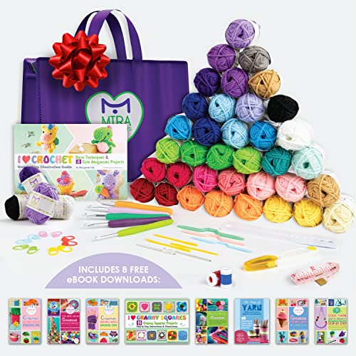 Premium Crochet Yarn Kit | 40 Colorful Acrylic Yarns (875 Yards), All Crocheting and Knitting Supplies for Yarn Crafts, and Books for Design
