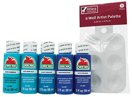 Apple Barrel Blue Acrylic Paint Set & Complimentary Palette - Caribbean, Bimini, Turqoise, Bright, Too Blue (5 Bottles, 4 Ounces Each) Atlea Creations