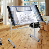 JupiterForce Adjustable Drafting Table Art Desk Drawing Table Versatile Art Craft Work Station Glass Tabletop w/2 Slide Drawers and Wheels for JupiterForce