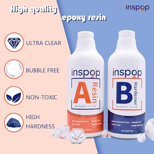 32 fl.oz Craft Epoxy Resin and Hardener Kit, Crystal Clear, Food Safe & Low Odor, Bubble Free, High Hardness for Casting (Deep Pour) and Art, Wood, INSPOP