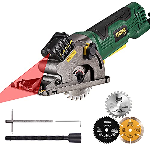 Mini Circular Saw, TECCPO 4.8Amp Compact Circular Saw, 3700RPM, with Laser Guide, Scale Ruler, Vacuum Port, 3 Blades for Cutting Woods, Tile and Soft