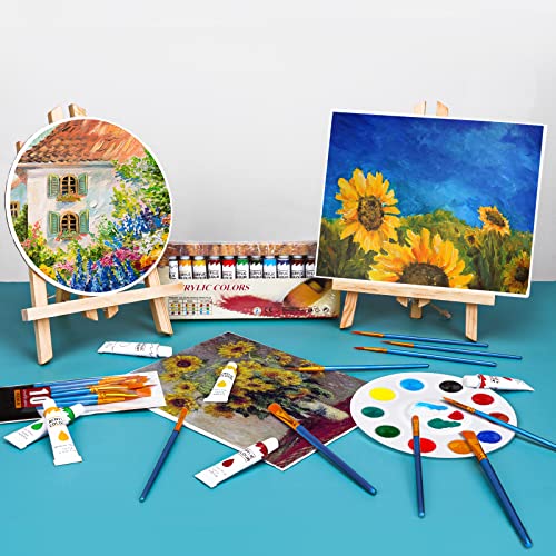 ESRICH Acrylic Paint Canvas Set,52 Piece Professional Painting Supplies Kit with 2 Wood Easel,2 * 12Colors,2 * 10 Brushes,Circular Canvas Etc,Premium