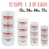Pouring Masters Ultimate Paint Mixing Cup Kit - 12 Plastic Graduated Mixing Cups, 3 Each of 12, 24, 44, 72 Ounce Sizes - 12 Mixing Sticks, 12 Paint Pouring Masters