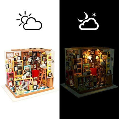 Hands Craft DIY Miniature Dollhouse Kit - Sam's Study 3D Model Tiny House Building with LED Lights Wood Prefabricated Pieces Puzzle 1:24 Scale Crafts