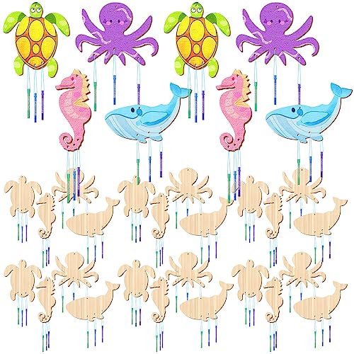 Leinuosen 32 Sets Wind Chime Kit for Kids Make Your Own Wooden Ocean Animals Wind Chime Wood Musical DIY Wind Chimes for Girls Boys Arts Crafts Leinuosen
