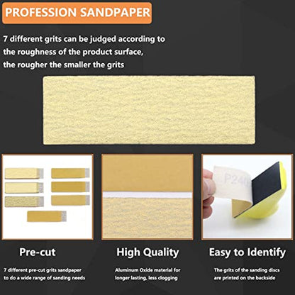 WHLLING Micro Detail Sander with 70PCS Sandpaper-Grit 80 120 180 240 320 400 600, 3.5”x 1”Micro Sanding Tools Detail Sander for Small Projects,
