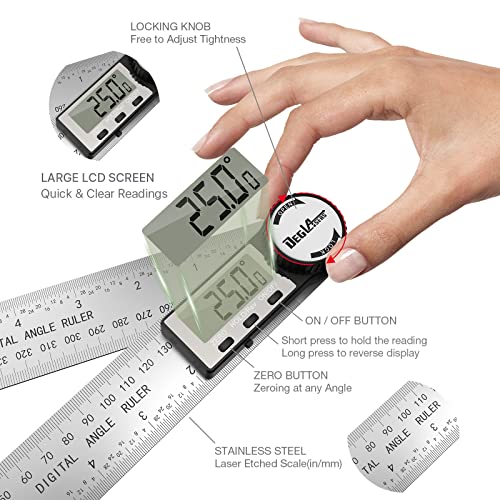Digital Angle Finder Protractor, DEGLASERS Digital Protractor 7inch/200mm Stainless Steel Angle Measuring Tool with LCD Display for DegLasers