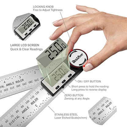 Digital Angle Finder Protractor, DEGLASERS Digital Protractor 7inch/200mm Stainless Steel Angle Measuring Tool with LCD Display for - WoodArtSupply