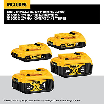 DEWALT 20V MAX Battery, Lithium Ion, 2 Ah and 4 Ah, 4-Pack, Fuel Gauge LED Charge Indicators (DCB324-4) - WoodArtSupply