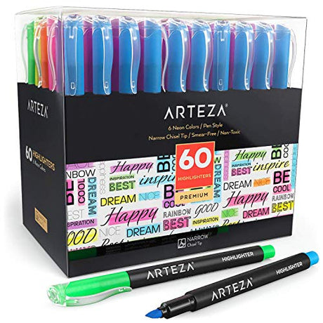 ARTEZA Highlighters Assorted Colors, Markers Set of 60, Narrow Chisel Tip, Bulk Pack of Neon Highlighter Markers, Office and Back to School Supplies, ARTEZA