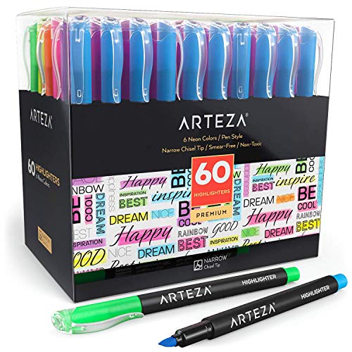 ARTEZA Highlighters Assorted Colors, Markers Set of 60, Narrow Chisel Tip, Bulk Pack of Neon Highlighter Markers, Office and Back to School Supplies, - WoodArtSupply