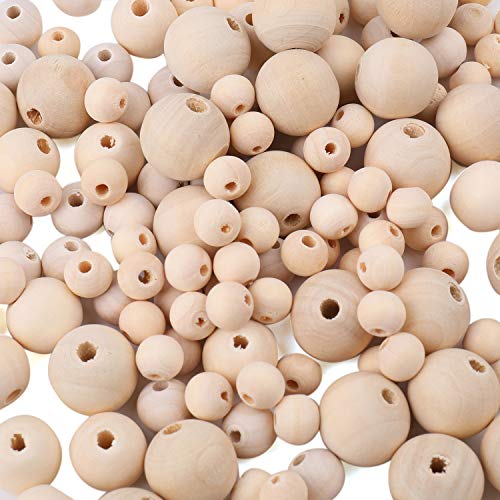 Foraineam 1200 Pieces Round Wood Beads Set Natural Wooden Loose Beads 4 Sizes 10mm, 12mm, 16 mm, 20mm Spacer Beads with 10m Jute Rope for Garland