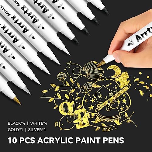 Arrtx Acrylic Paint Pens, 10 Pack Extra Brush Tip White Paint Markers Metallic for Rock Fabric Wood Glass Canvas Ceramic, 4 White 4 Black 1 Gold & 1 - WoodArtSupply