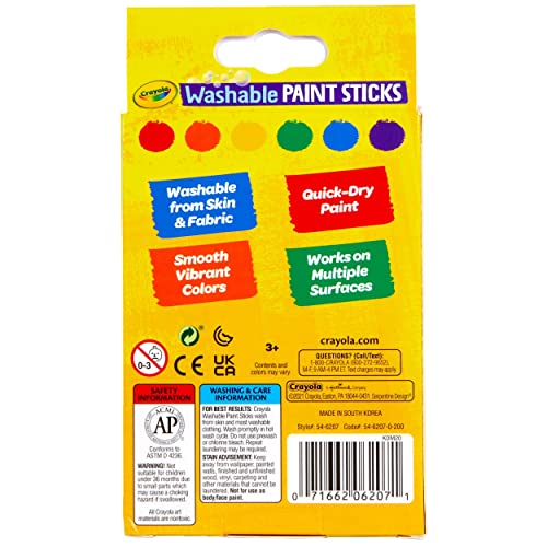 Washable Paint Sticks, No Water Required, Paint Set for Kids, Art Supplies, 6 Count Crayola