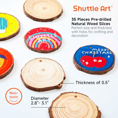 Wood Slices Kit, Shuttle Art 35 PCS Unfinished Natural Wood Slices with Pre-Drilled Hole, Acrylic Paint, Permanent Markers, Jute Twine, DIY Craft for Shuttle Art
