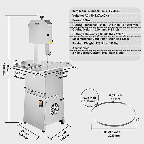 VEVOR Commercial Electric Meat Bandsaw, 850W Vertical Bone Sawing Machine, Stainless Steel 23.6" x 18.3" Workbench, Frozen Meat Cutter with 2 Blades, VEVOR
