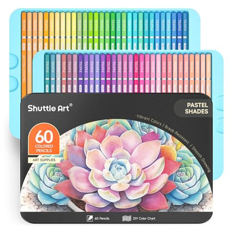 Shuttle Art 60 Pastel Colored Pencils, Colored Pencils for Adult Coloring, Soft Core Coloring Pencils in Gift Tin Box, Color Pencils for Kids Adults Shuttle Art