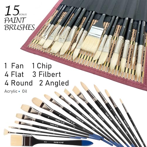Falling in Art Natural Bristle Professional Paintbrush Set, 15PCS Long Handled Paint Brushes for Acrylic Painting, Oil Paint Brushes of Fan, Round, Falling in Art