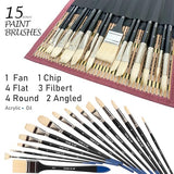 Falling in Art Natural Bristle Professional Paintbrush Set, 15PCS Long Handled Paint Brushes for Acrylic Painting, Oil Paint Brushes of Fan, Round, Falling in Art