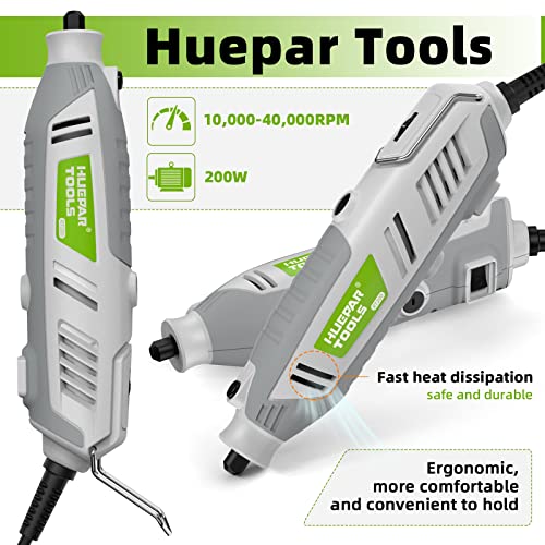 Rotary Tool Kit, 200W 1.8 AMP Huepar Tools with Flex Shaft 239pcs Accessories include MultiPro Keyless Chuck, 6 Variable Speed 10000-40000RPM Huepar Tools