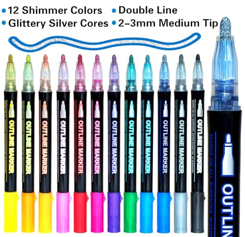 Shimmer Markers Outline Double Line: 12 Colors Metallic Glitter Pens Set Super Squiggles Sparkle Kid Age 4 8 10 Gift Cool Fun Fancy Self Sparkly KOUSICOO