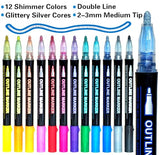 Shimmer Markers Outline Double Line: 12 Colors Metallic Glitter Pens Set Super Squiggles Sparkle Kid Age 4 8 10 Gift Cool Fun Fancy Self Sparkly KOUSICOO