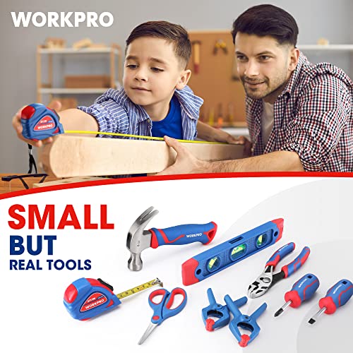 WORKPRO Kids Real Tool Set with 12 Inch Steel Tool Chest with Wheels, 10PCS Boys First Tool Set with 2 Drawers Blue Metal Rolling Tool Chest, Kids WORKPRO