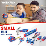 WORKPRO Kids Real Tool Set with 12 Inch Steel Tool Chest with Wheels, 10PCS Boys First Tool Set with 2 Drawers Blue Metal Rolling Tool Chest, Kids WORKPRO