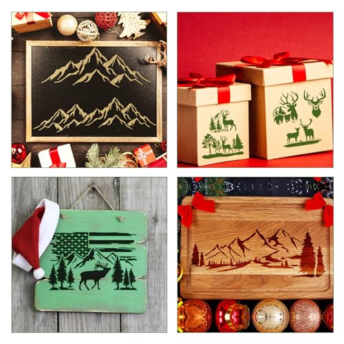 6pcs Christmas Stencils, Mountain Stencils for Painting on Wood Burning Template Reusable Nature Deer Tree Merry Christmas Stencil for Craft Wall - WoodArtSupply