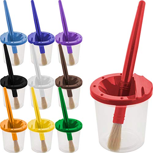 U.S. Art Supply 10 Piece Children's No Spill Paint Cups with Colored Lids and 10 Piece Large Round Brush Set with Plastic Handles U.S. Art Supply