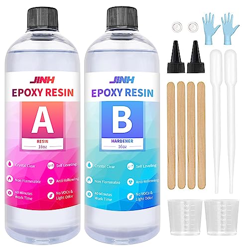 Epoxy Resin 32 oz, Crystal Clear Epoxy Resin Non Yellowing, Self Leveling with High Gloss, UV & Heat Resistant, Clear Resin Set for Jewelry Making,