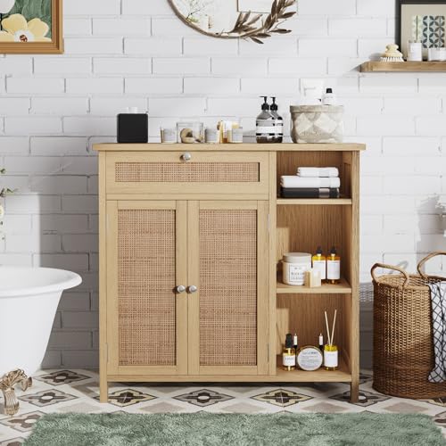 Irontar Bathroom Cabinet with Rattan Doors, Bathroom Floor Cabinet with Open Storage & Adjustable Shelf, Coffee Bar with Drawer, Storage Cabinet for