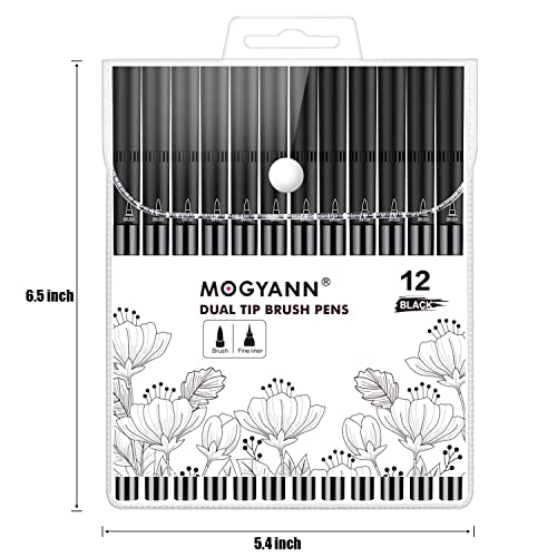Mogyann Drawing Pens, 12 Pack Dual Brush Pens Black Markers for Art Drawing Sketching Mogyann