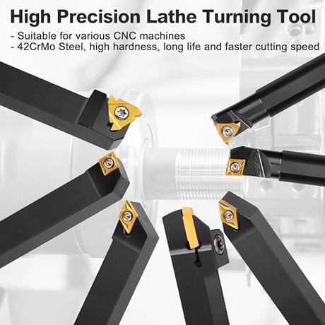 Metal Lathe Cutting Tools - 7PCS 1/2" Turning Holder Boring Bars with 14pcs Indexable Carbide Inserts CCMT060204 DCMT070204 11IR 16ER MGMN200-G IWONGO