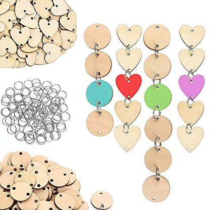 100pcs Round Wooden Circles Wood Heart Tags with Holes Birthday Board Tags Family Birthday Calendar Plaque Accessories and 100 Pieces 12 mm Rings for