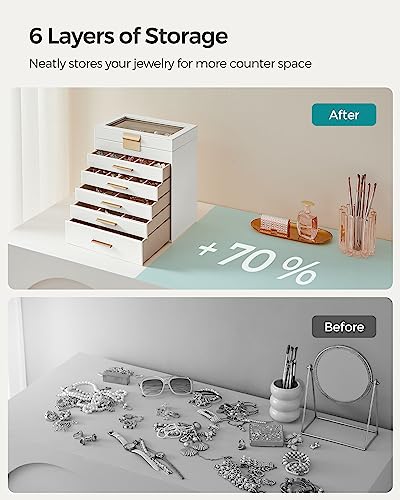 SONGMICS Jewelry Box with Glass Lid, 6-Layer Jewelry Organizer, 5 Drawers, for Sunglasses, Big Jewelry, Jewelry Storage, Modern Style, Cloud White SONGMICS