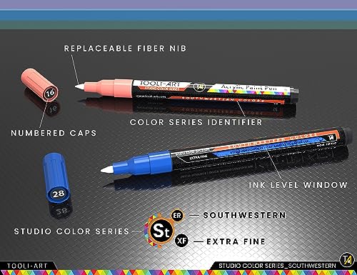 28 Southwestern Colors Acrylic Paint Pens Studio Color Series Markers Set 0.7mm Extra Fine Tip, Rock Painting, Glass, Mugs, Wood, Metal, Canvas, DIY, TOOLI-ART