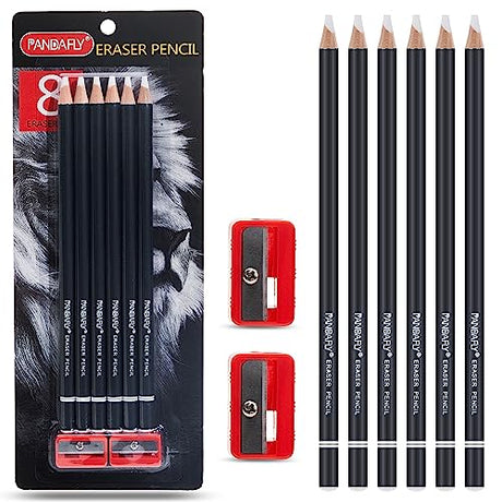 PANDAFLY Eraser Pencil Set - 6pc Eraser Pencils and 2pc Sharpener, Erasing Small Details or add Highlights for Sketching, Charcoal Drawings. Art PANDAFLY
