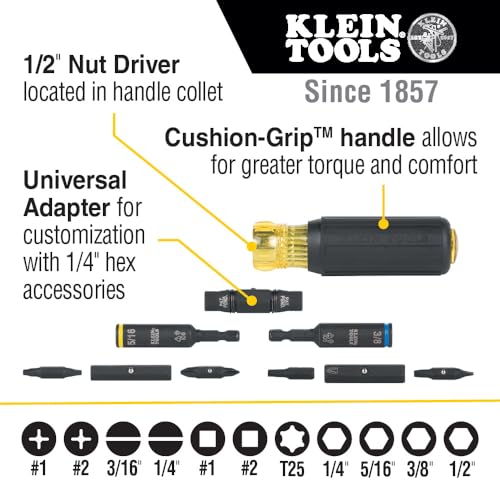 Klein Tools 32500HD Multi-Bit Screwdriver / Nut Driver, Impact Rated 11-in-1 Tool with Phillips, Slotted, Square and Torx Tips - WoodArtSupply