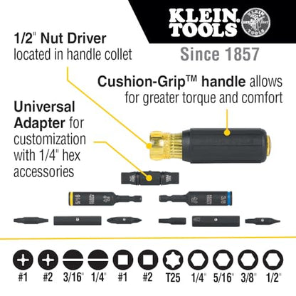 Klein Tools 32500HD Multi-Bit Screwdriver / Nut Driver, Impact Rated 11-in-1 Tool with Phillips, Slotted, Square and Torx Tips - WoodArtSupply