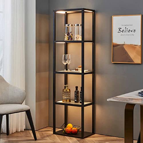 FENLO Fantasy Plus 66" Luxury Glass Display Shelf with Dimmable LED Floor Lamps, Sturdy Curio Cabinet with Bookcase Display Shelves for Bedroom, Open FENLO
