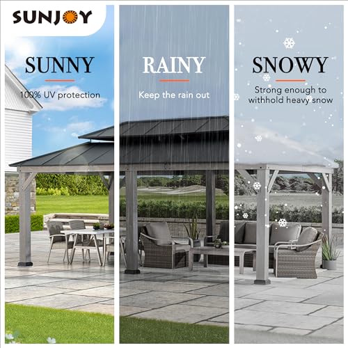 Sunjoy 12 x 20 ft. Wood Gazebo, Outdoor Patio Steel Hardtop Gazebo, Cedar Framed Wooden Gazebo with 2-Tier Metal Roof, Suitable for Patios, Lawn and