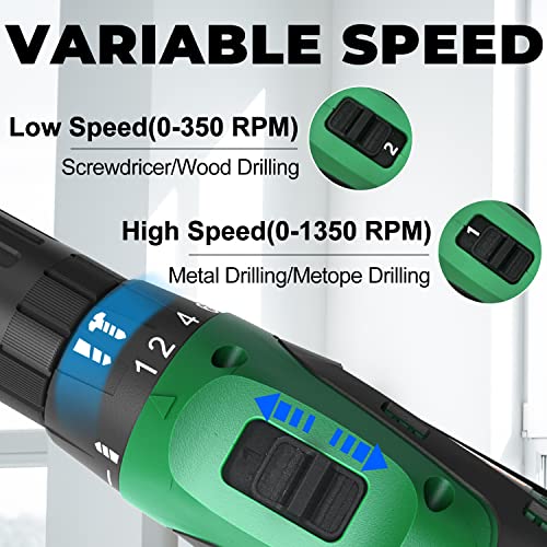 YIOU 20V MAX Cordless Drill, 18 Position Clutch Drill with 23PCS Drill Set, 3/8 Inches Keyless Chuck Power Drill and Battery Charger, Green Driller YIOU