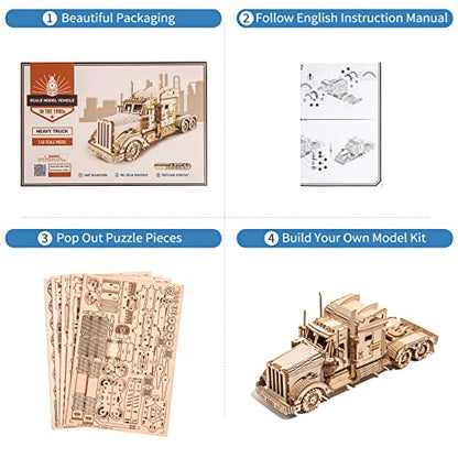 RoWood Model Car Kit to Build,3D Wooden Puzzle, Scale Mechanical Vehicle Model Building Kits, Best Toys Gift for Adults & Teens - Heavy Truck