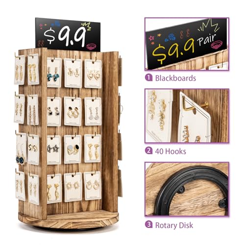 Pinzoveco Rotating Earring Display Stands for Selling with Adversitsing Board, Real Wood Jewelry Display Stand for Vendors, Large Capacity Earring Pinzoveco