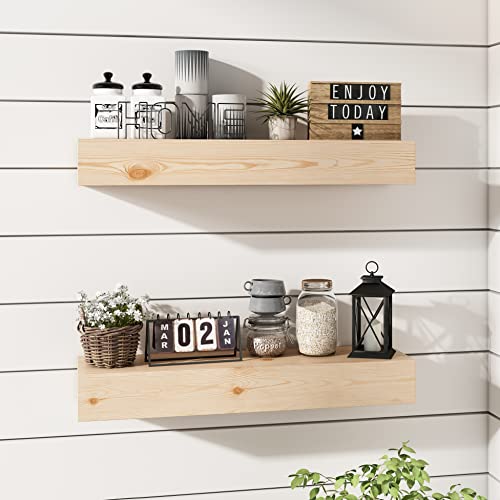 ROOREVO Wall Floating Shelves, Rustic Wood Shelf for Wall Mounted - Wooden Handmade Shelves for Bathroom Kitchen Livingroom - No Stain - ROOREVO
